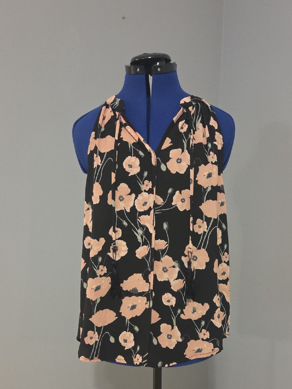 Black Floral Halter Tank Top with Peach Blooms